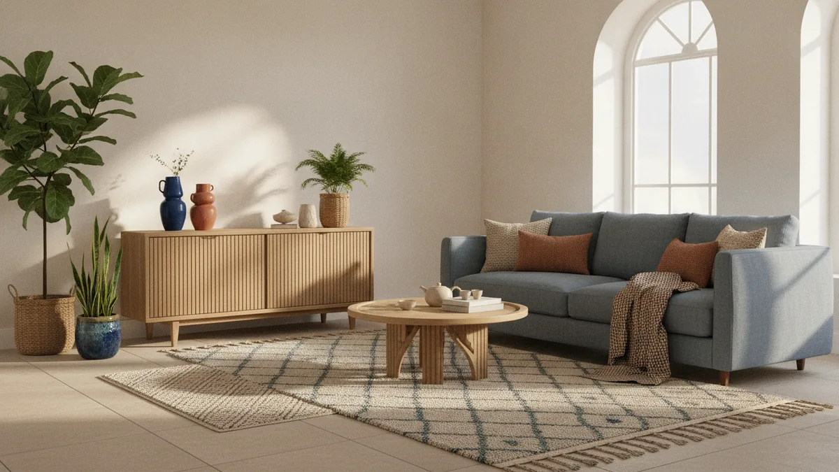 Neutral room with beige tile, layered rugs, green accents, wood decor, and soft lighting