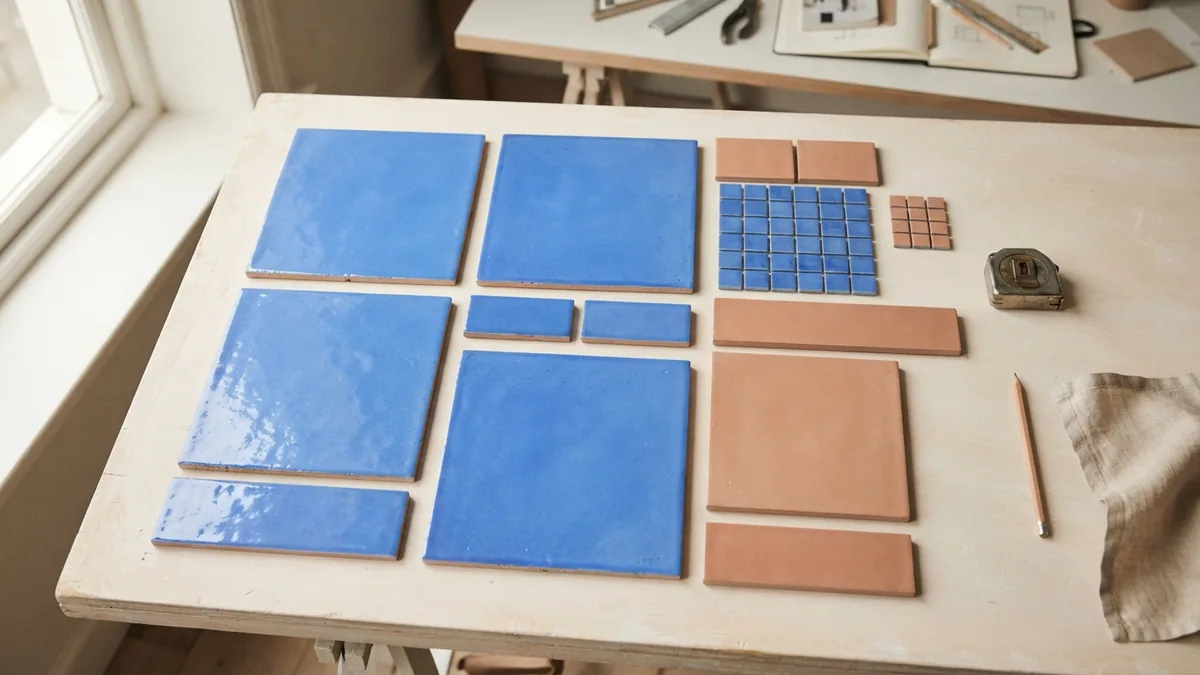 Common tile sizes for small bathrooms Bathroom tile samples showing large wall tiles and small shower mosaics