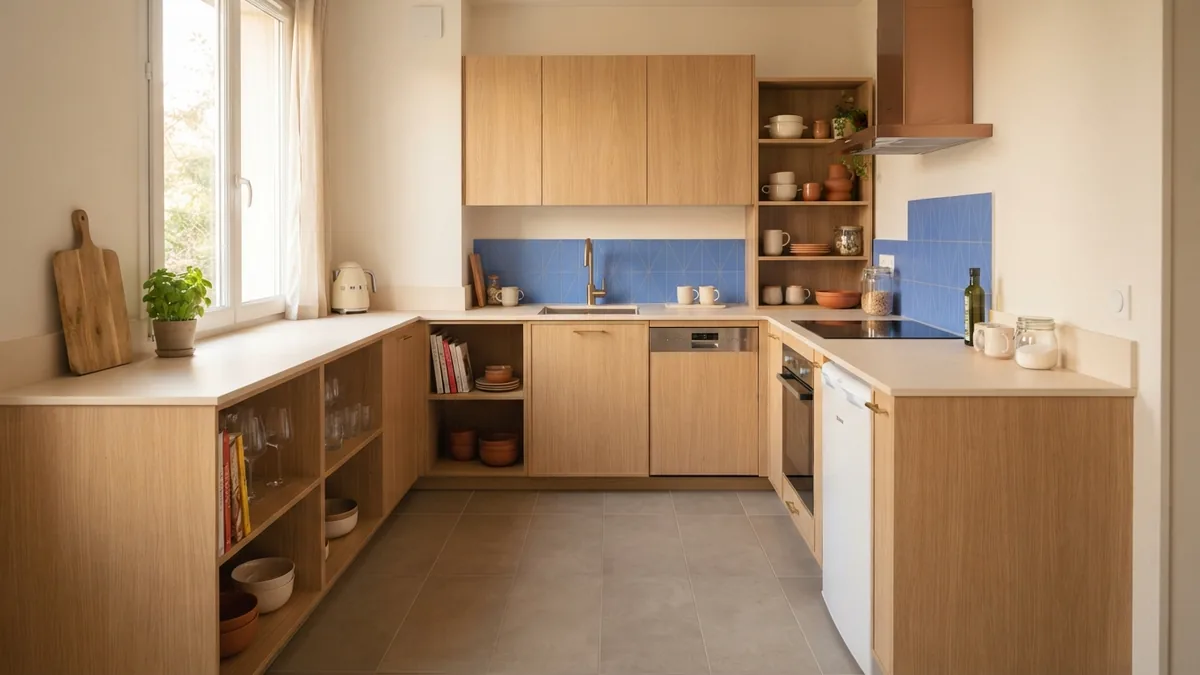 Medium tile layout for a small kitchen Small kitchen floor with medium tiles aligned around light cabinets