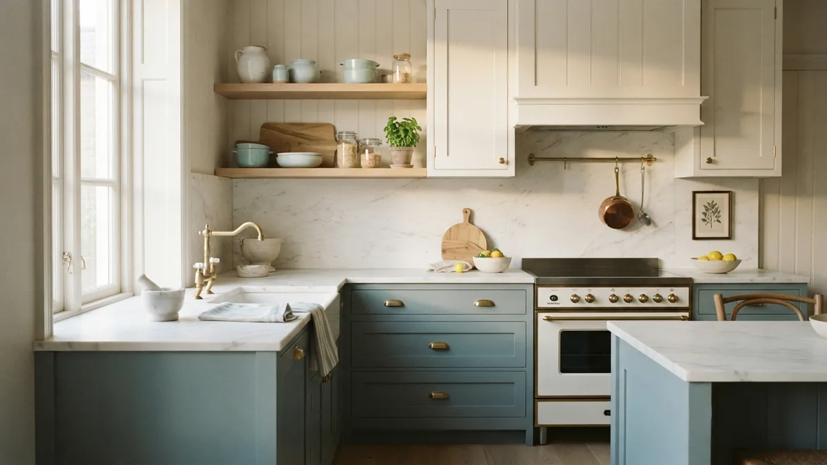 Timeless off-white and blue kitchen colors Off-white and dusty blue kitchen cabinets paired with wood shelving and stone