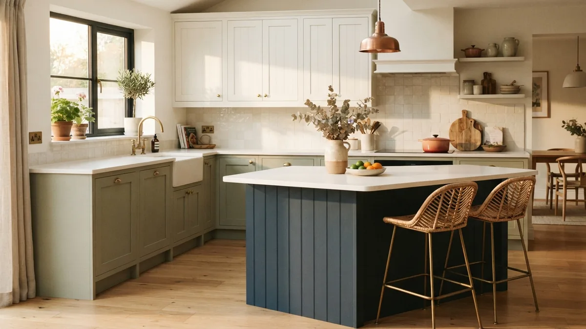 Modern green and navy cabinet color trends Sage green and navy kitchen cabinets with warm white upper storage