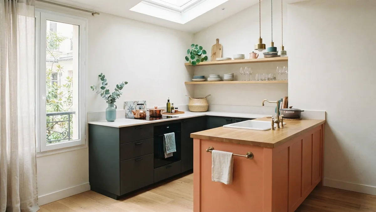 Kitchen color balance and room depth Small kitchen using pale walls and dark lower cabinets to create visual balance