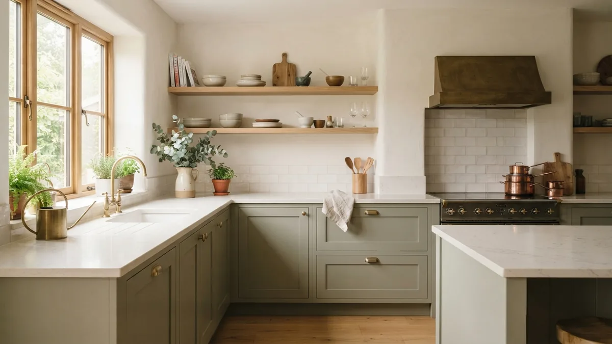 Warm white kitchen with sage cabinets, oak shelving, and pale counters