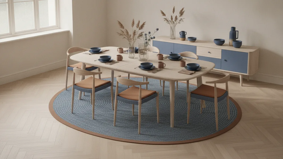 Room space around a dining table Dining room floor marked with clear walking zones around a rectangular table