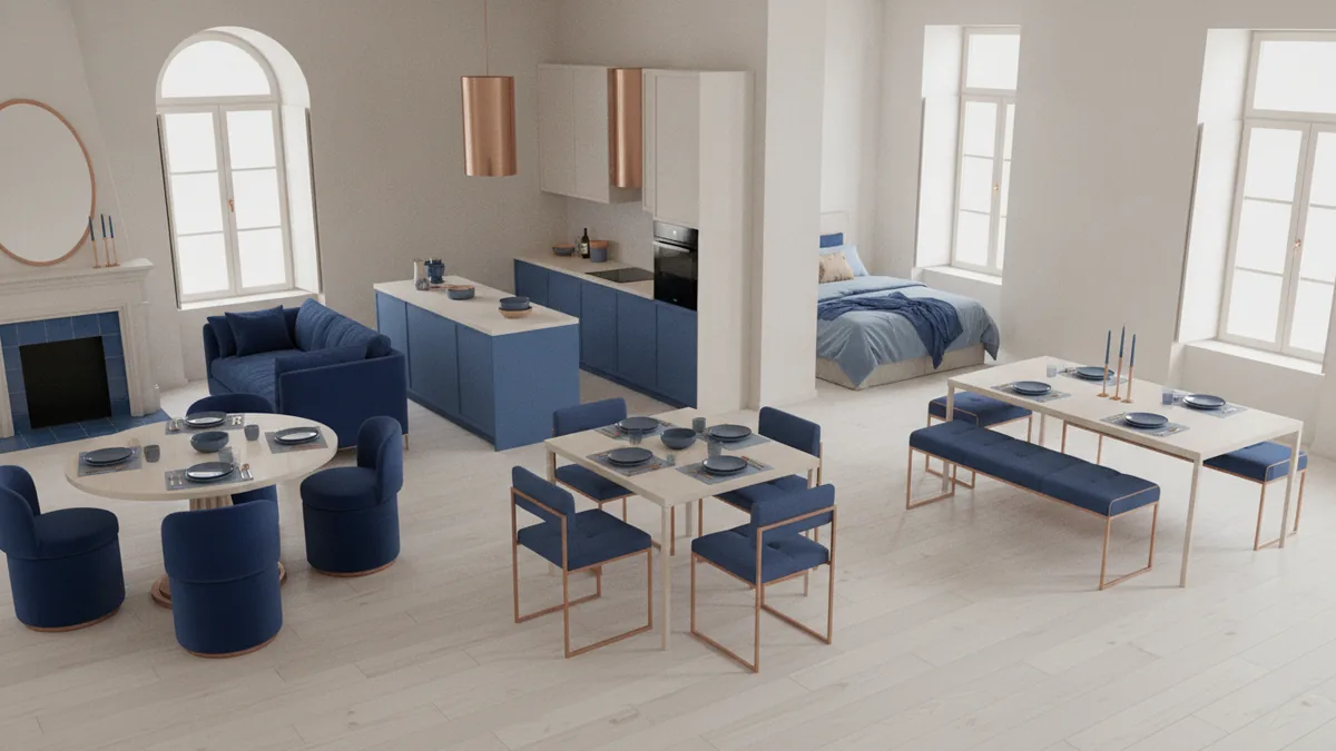 Dining tables in three shapes Round, square, and rectangular dining tables arranged in distinct room settings
