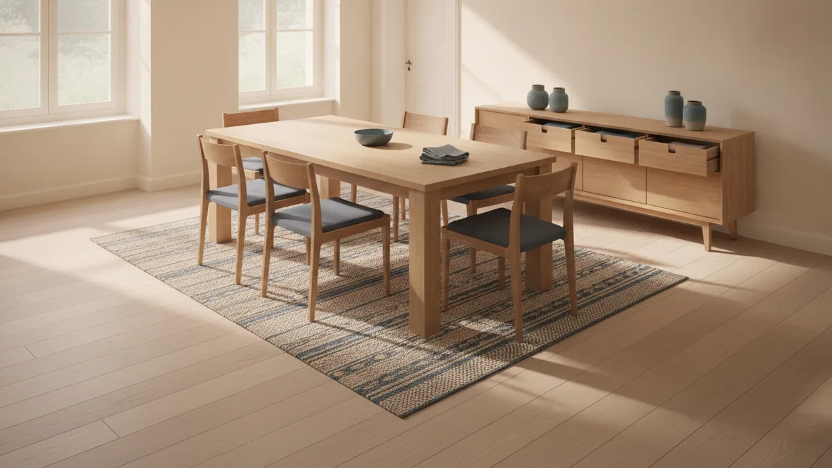 Buffet spacing in a dining room Dining table beside a slim buffet with open space for chairs and movement