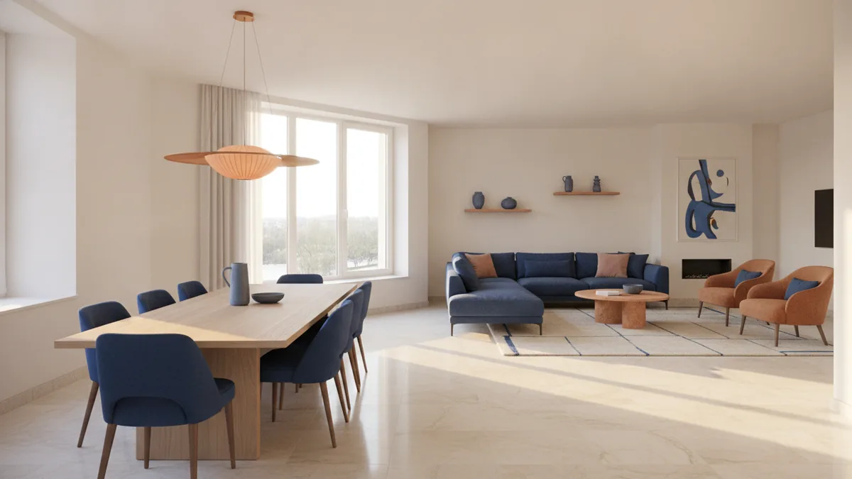 Dining area layout with a clear path between the table and nearby living space