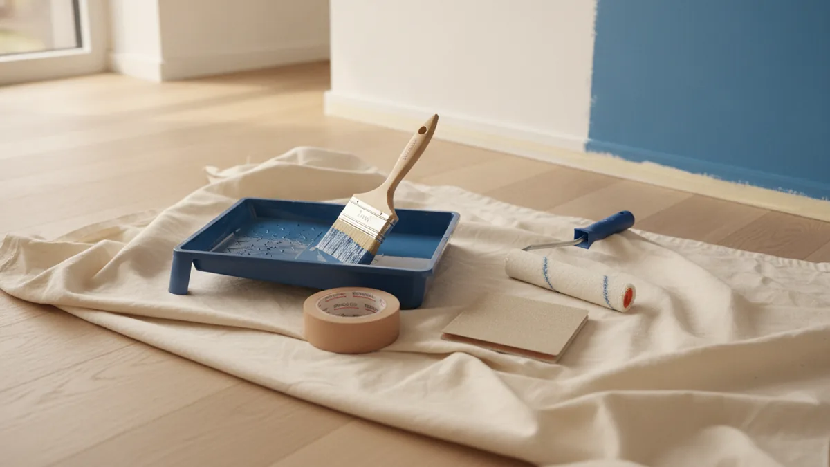 Tools for painting a room Paint tools arranged on a tray beside protected flooring