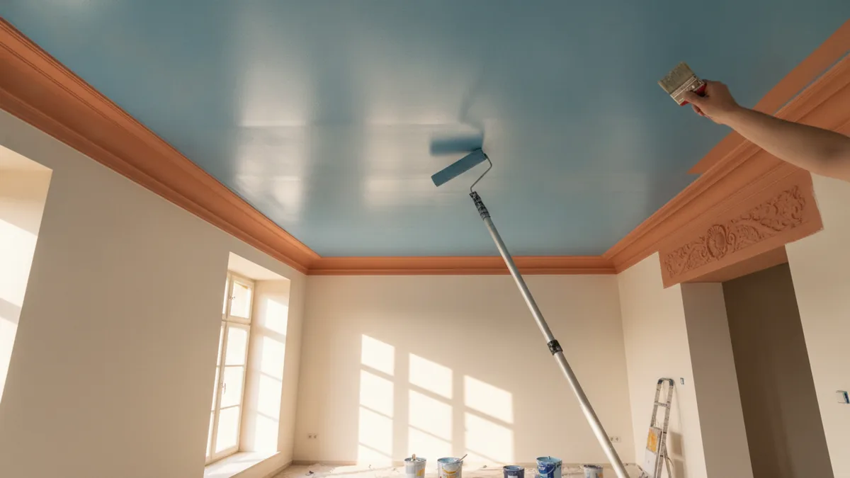 Painting the ceiling first Roller applying fresh white paint across a smooth ceiling