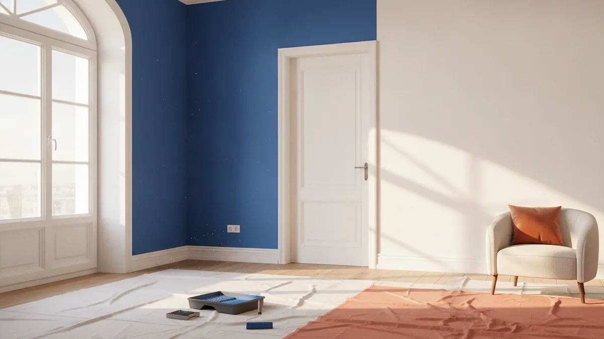 Painting walls after the ceiling Fresh wall paint meeting clean trim in a bright finished room