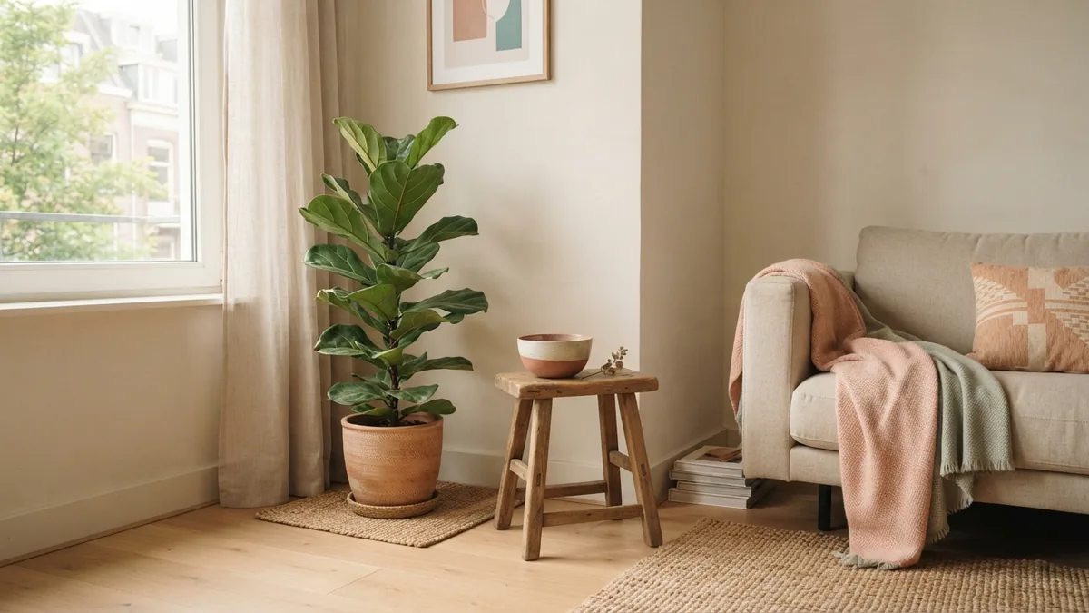 Balanced living room corner decor with a tall plant, stool, ceramic bowl, and soft neutral colors