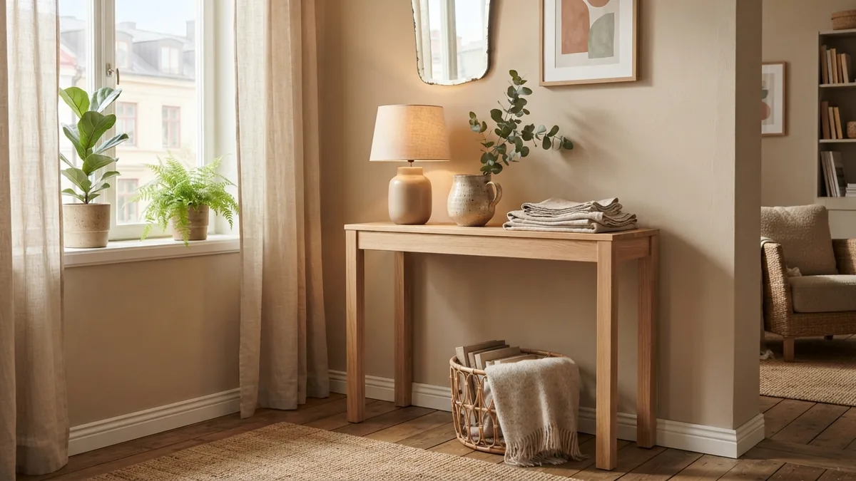 Narrow console table in a living room corner with baskets, ceramics, and warm natural styling