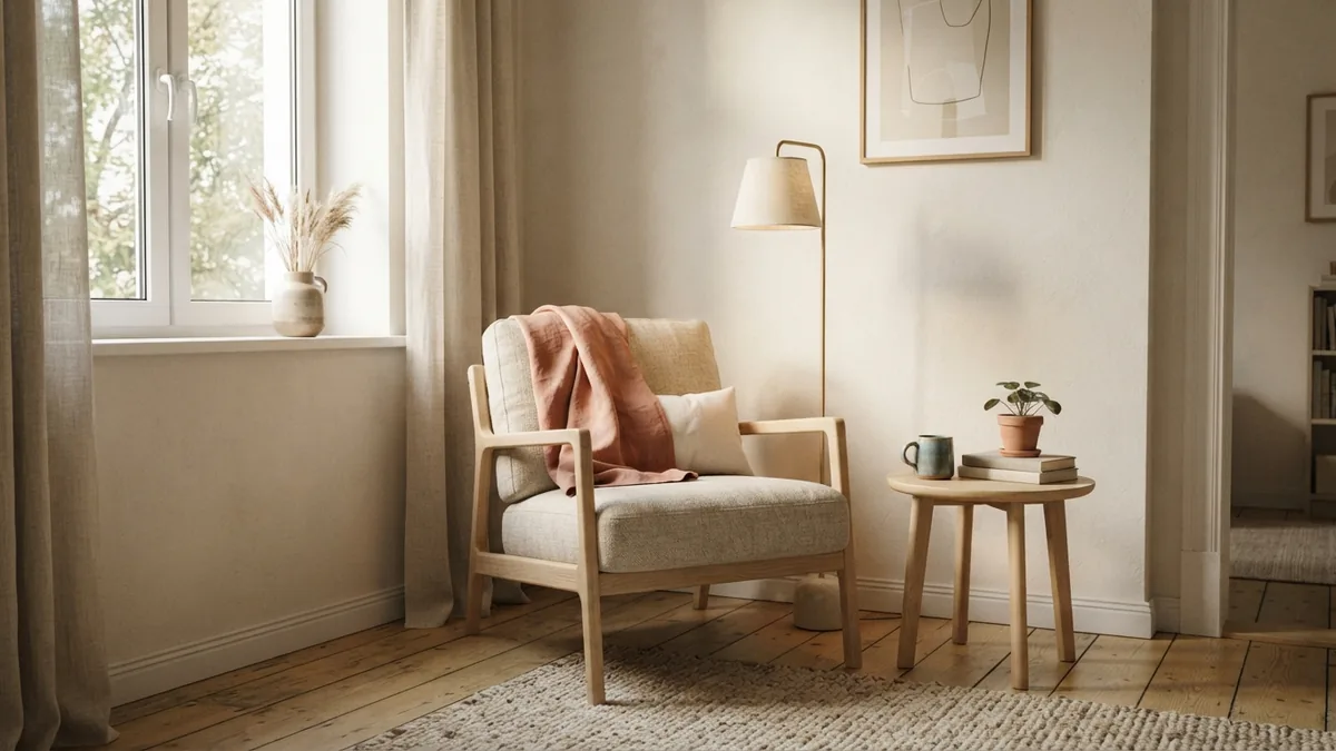 Cozy corner reading nook Cozy living room reading nook with linen accent chair, floor lamp, side table, and throw
