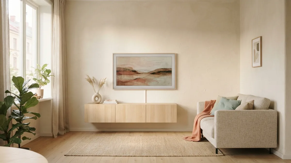 Scandinavian living room showing a wall-mounted television sized for an apartment space