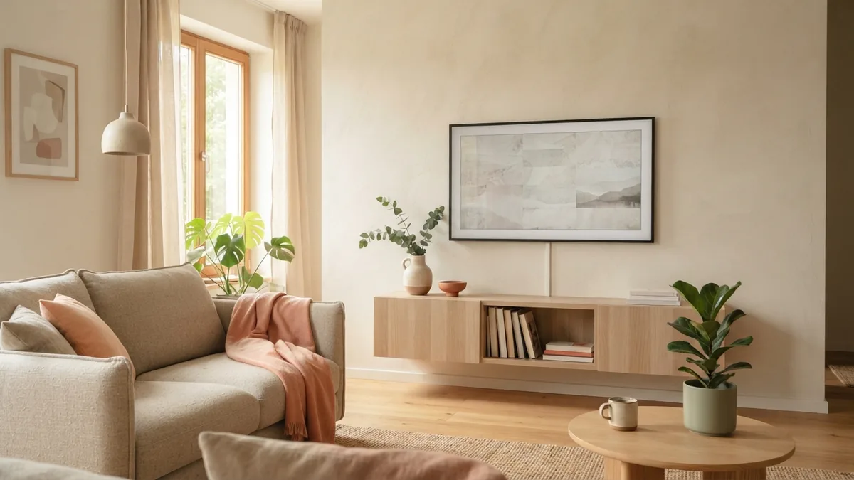 Japandi living room showing sofa spacing and comfortable distance from the television