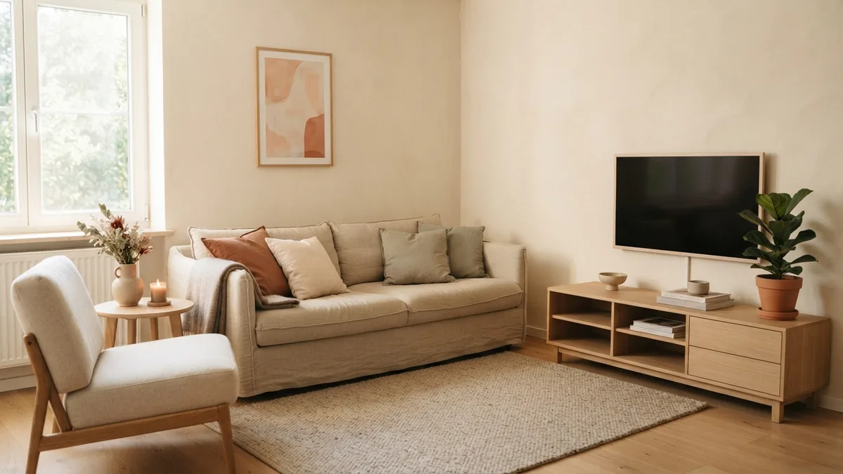 TV scale with seating and storage European living room with TV scaled to seating, storage, and a clear walking path