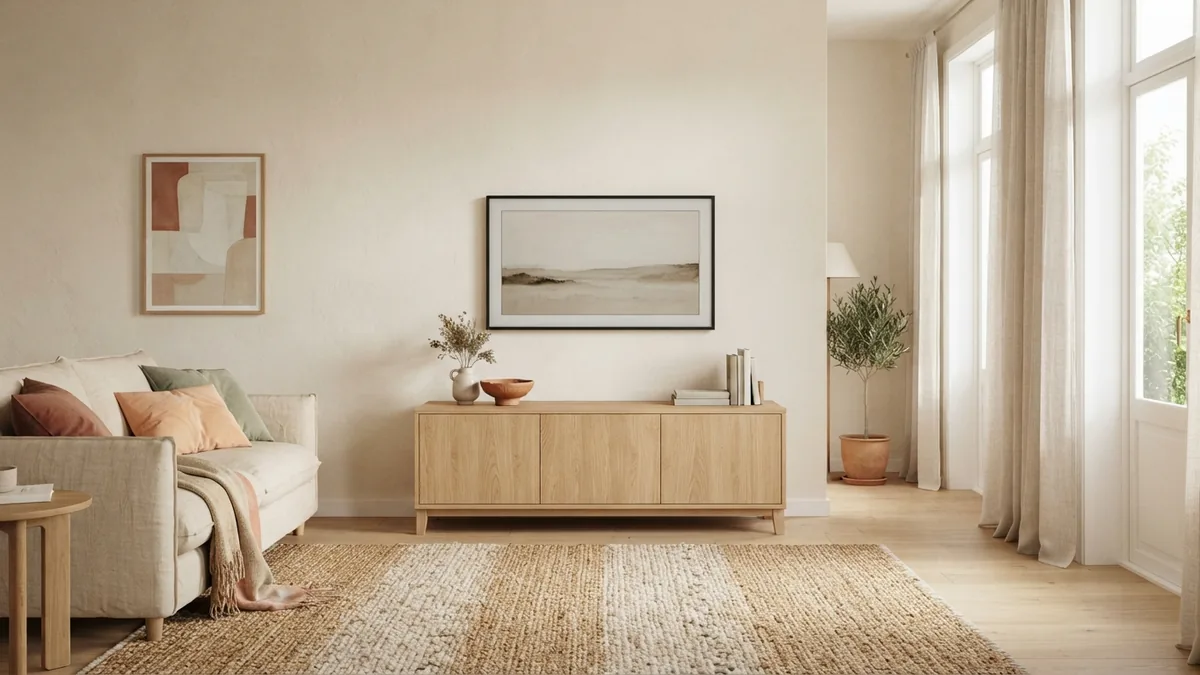 Minimalist living room with mounted television, low cabinet, woven rug, and soft artwork
