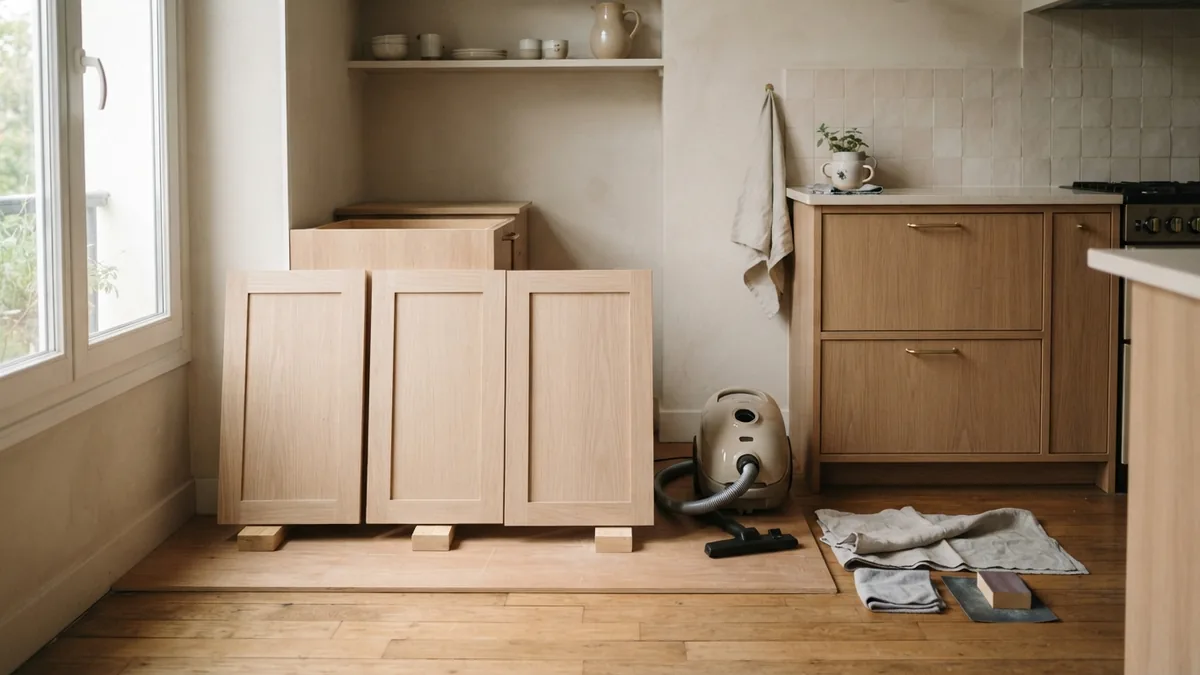 Unfinished cabinet doors prepared for sanding in a bright apartment kitchen workspace