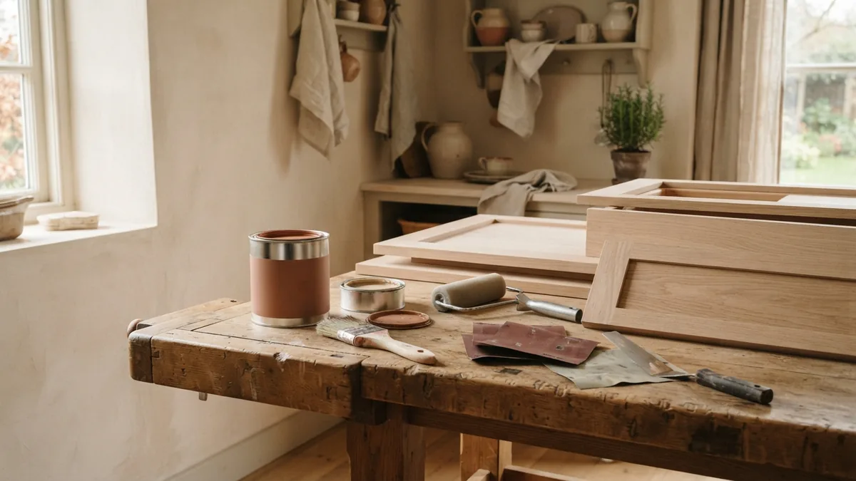 Cabinet painting tools and supplies Painting supplies arranged beside unfinished wood cabinet parts in soft natural light