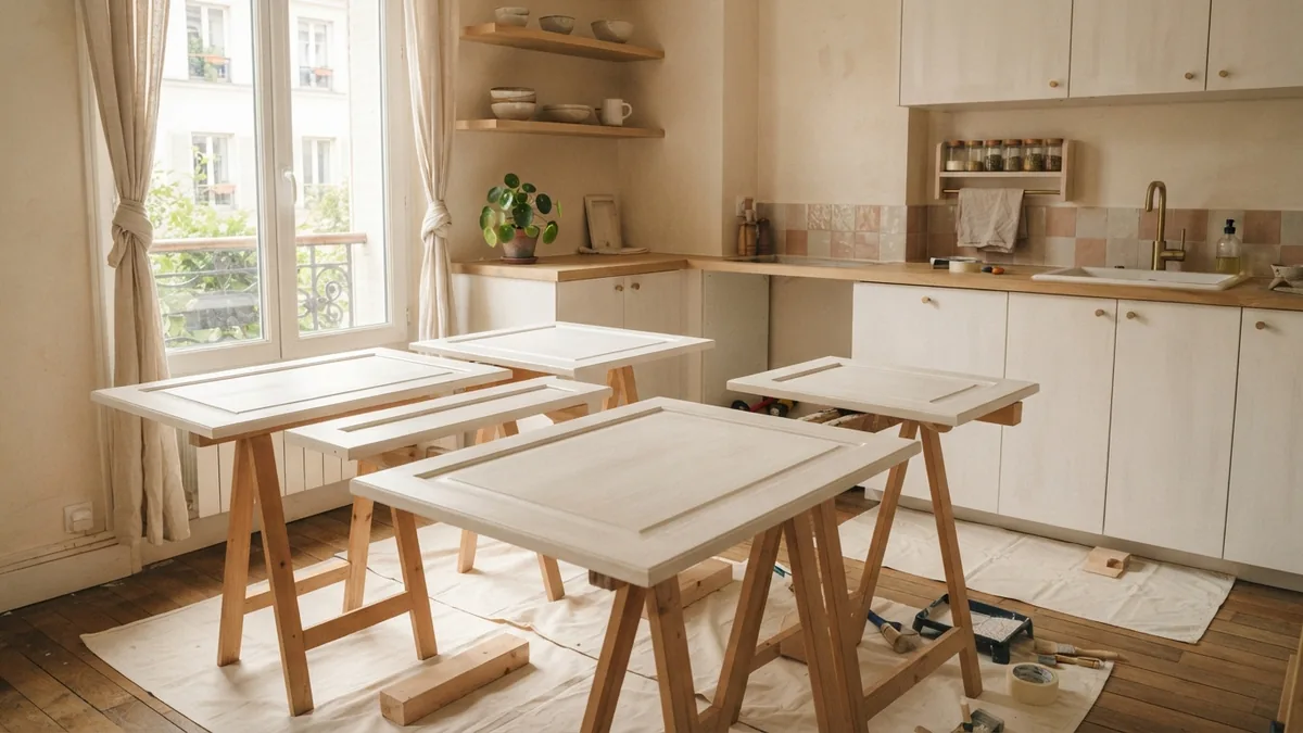 Freshly painted cabinet doors drying on raised supports in a soft bright kitchen
