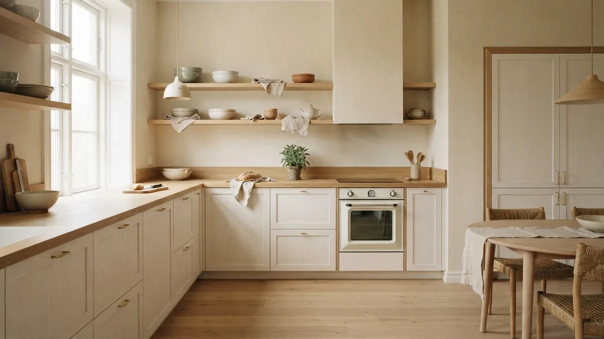 Smooth painted cabinet finish Smooth warm white cabinet fronts with subtle oak grain in a calm European kitchen