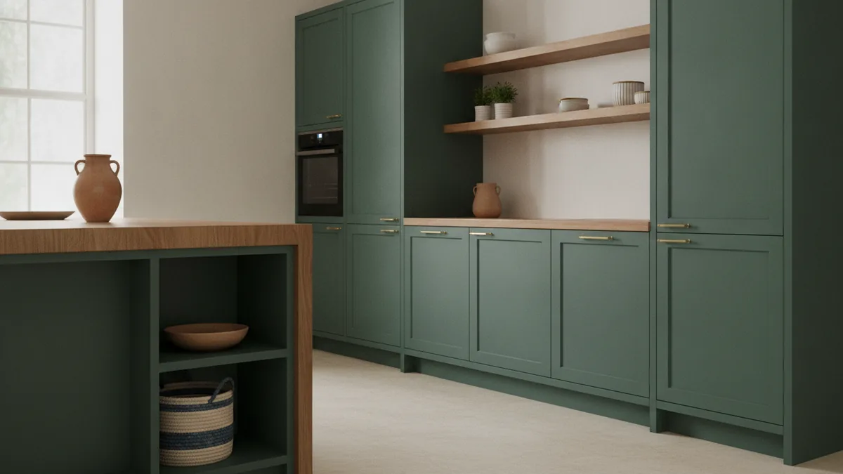 Smoky green kitchen cabinets paired with warm wood accents