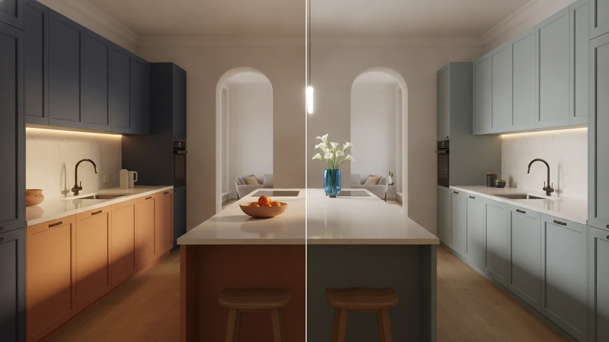 Warm and neutral kitchen lights across cabinets and worktops