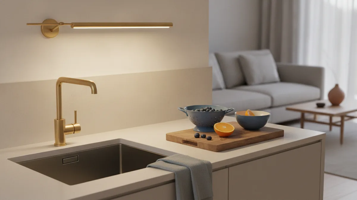Kitchen task lighting brightening a sink and food prep worktop