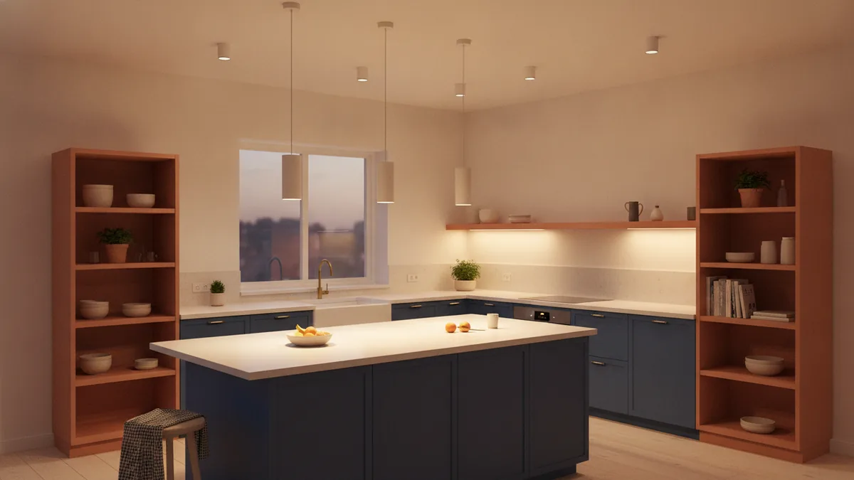 Dimmable pendant and under-cabinet lights in a modern kitchen