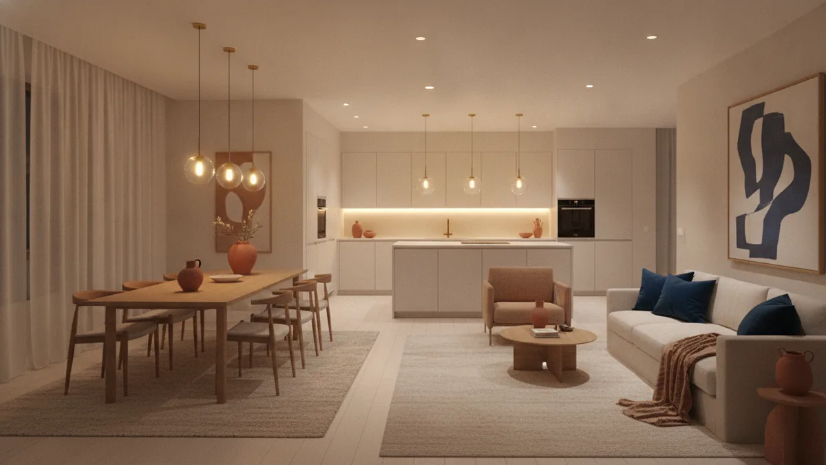 Coordinated warm lighting across kitchen and adjoining dining space