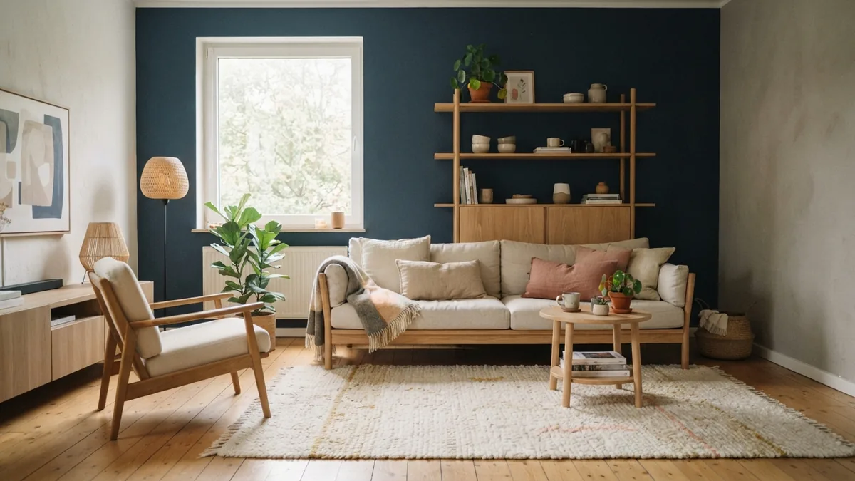 Warm rug colors against dark blue walls Dark blue room with an ivory rug and warm gold coral accents
