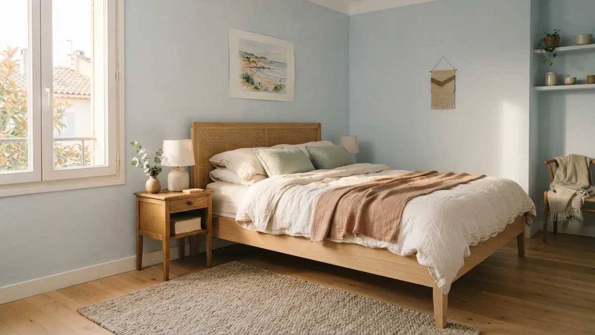 Light blue bedroom with a warm beige and taupe rug