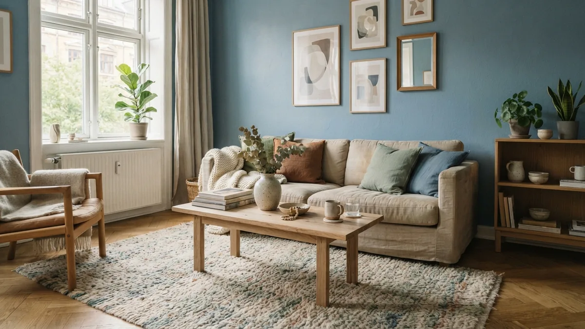 Layered rug texture in a blue sitting room Textured patterned rug bringing blue green cream and rust together