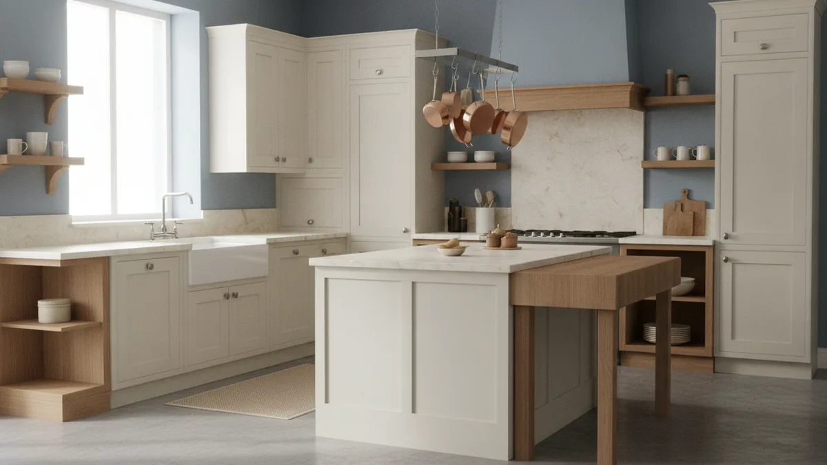 White cabinets with muted blue walls White kitchen cabinets paired with muted blue walls and warm wood details