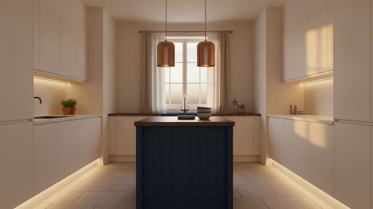 Small narrow kitchen using pale walls, a dark island, and warm layered lighting