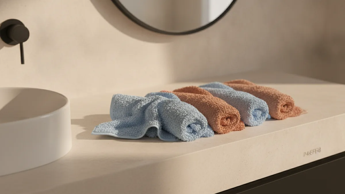 Towels in neutral and accent colors next to black and white bathroom elements