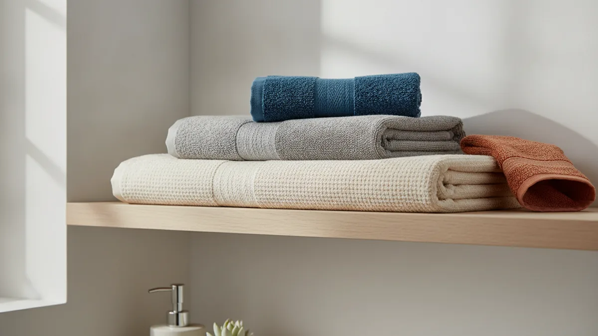 Layered towel arrangement showing gray, cream, and an accent color