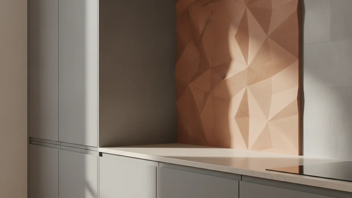 Accent wall depth with grey Accent wall adding depth next to grey kitchen cabinets
