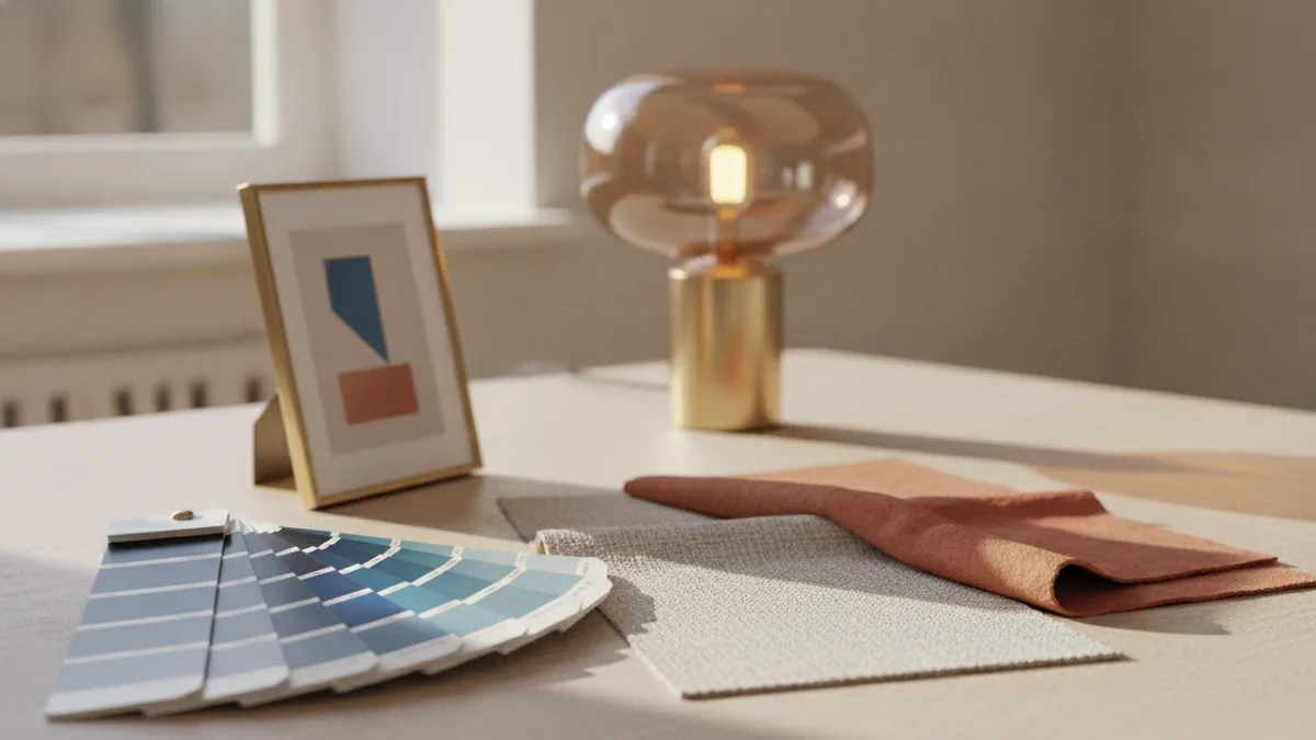 Decor materials like fabric swatches, color palette, and framed art arranged together