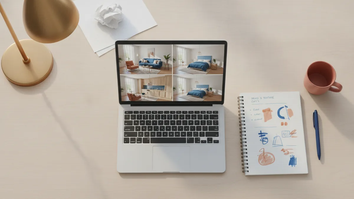 Desk setup for reviewing interior style preferences and saving room inspirations
