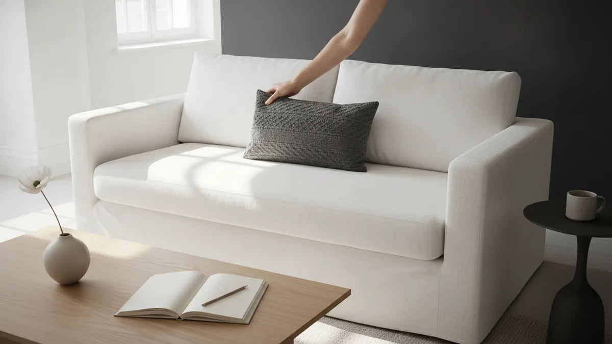 Evidence from your choices Hand adjusting decor with a notebook nearby to define personal style