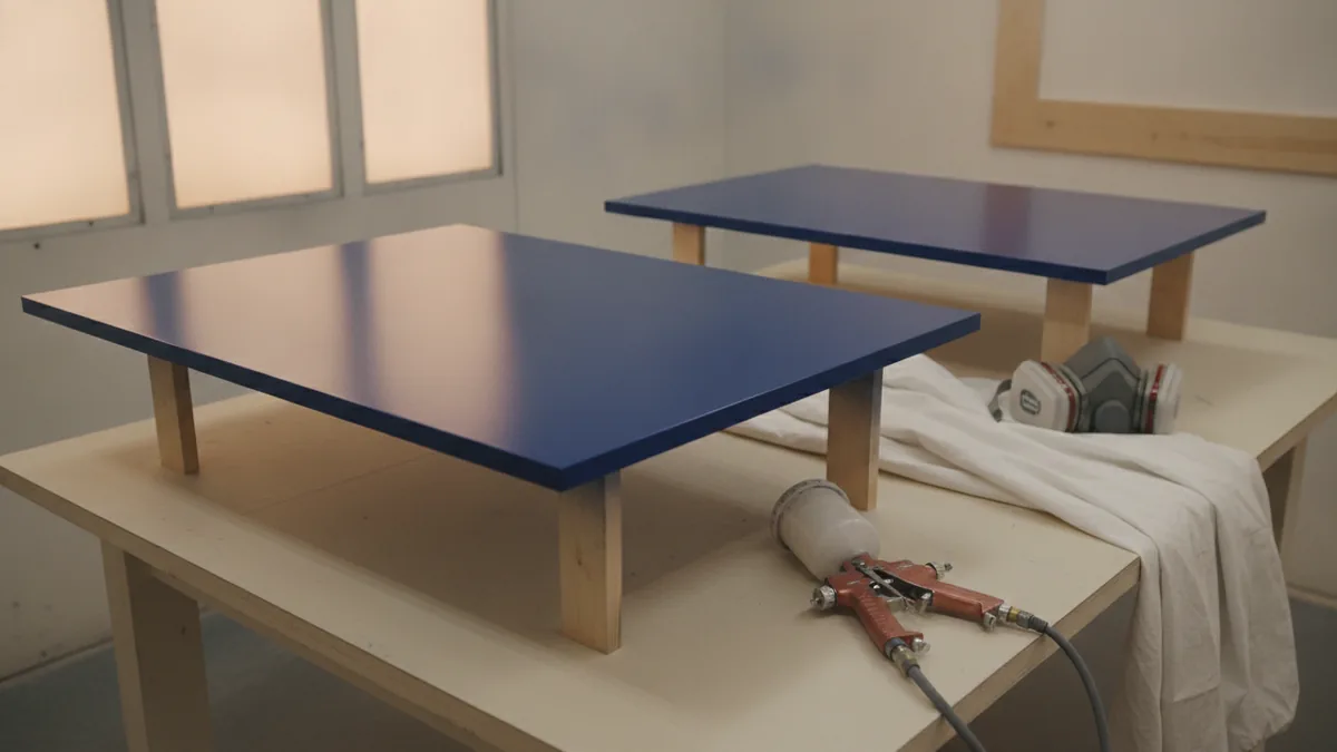 Smooth sprayed cabinet doors drying on supports in a clean bright workshop