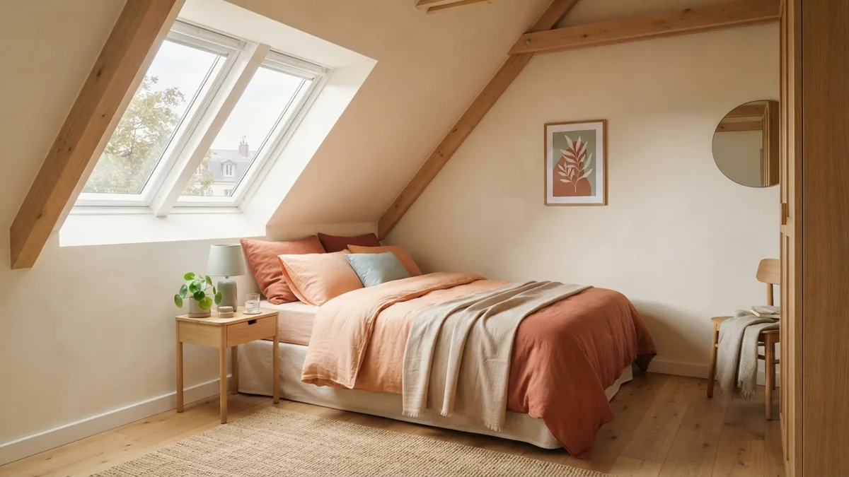 Bedroom with sloped ceiling and roof window Small European bedroom with a sloped ceiling and roof window for natural light