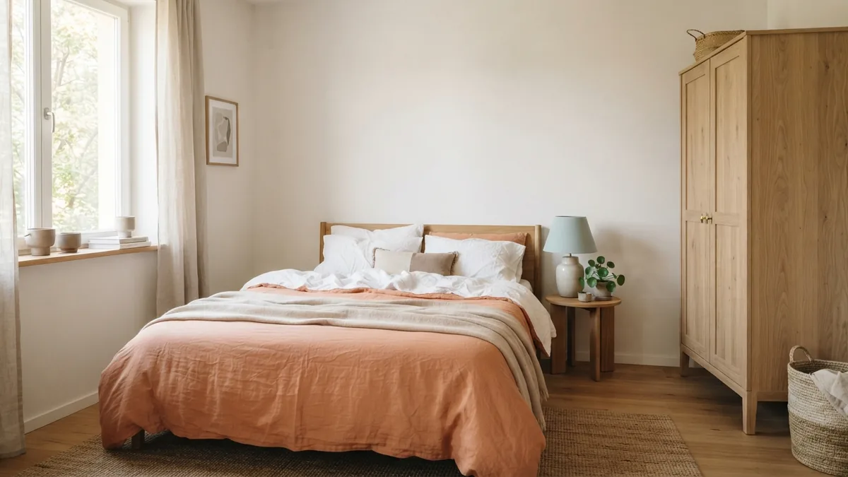 Compact bedroom using a freestanding wardrobe instead of a built-in closet