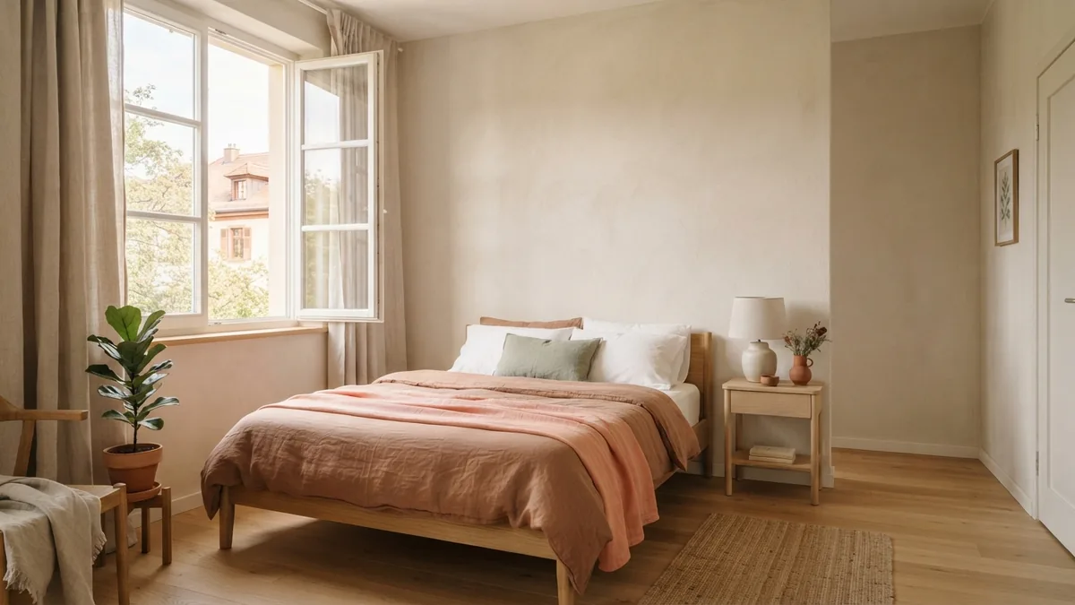 European room prepared for bedroom use with an open window and clear floor