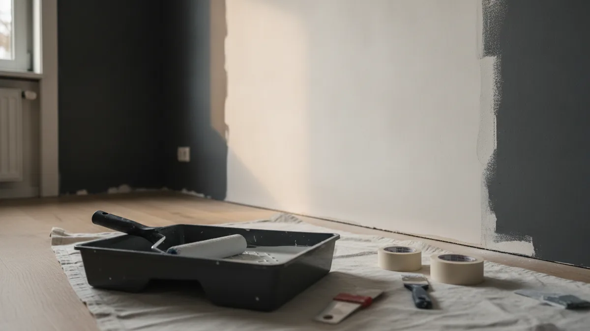 Painting tools and prepped wall surface for a bedroom wall coat