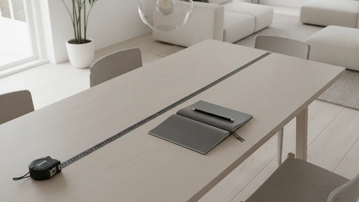 Measuring a dining table width with a tape measure for fixture sizing