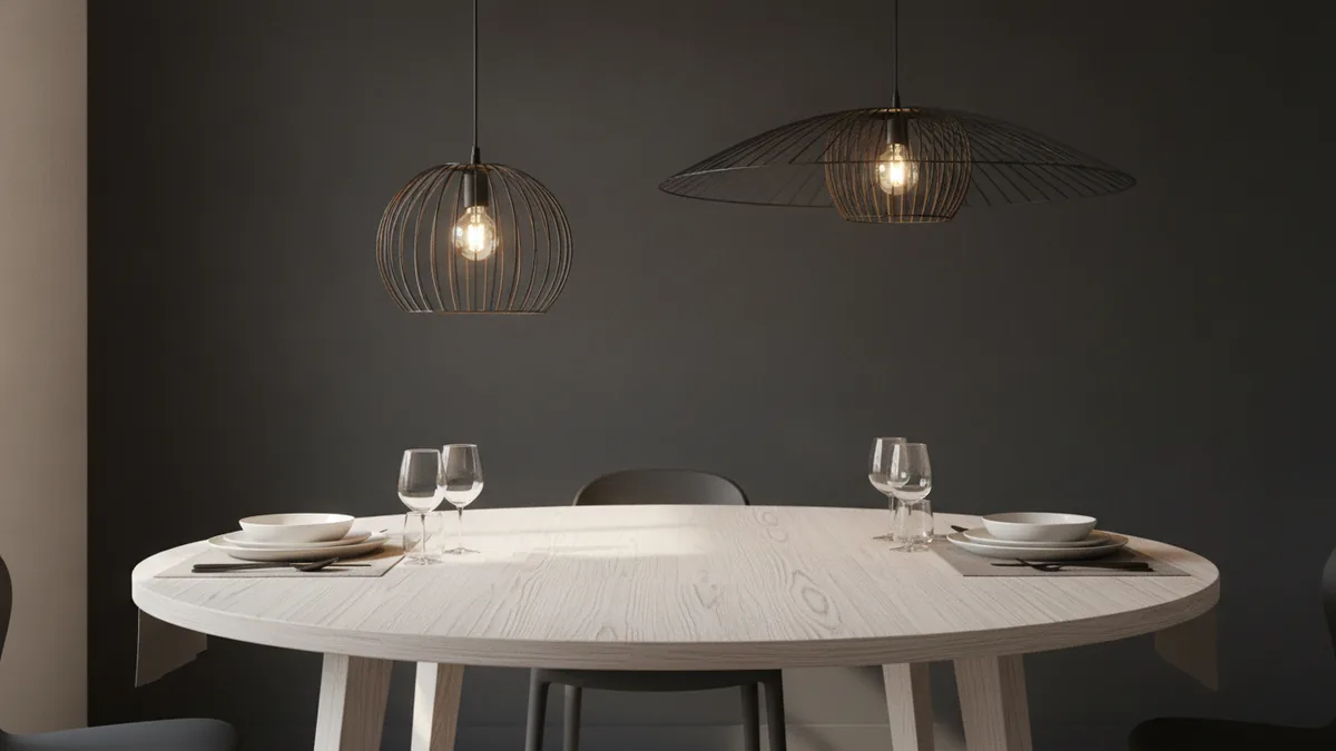 Comparing fixture diameter options over a dining table to match scale