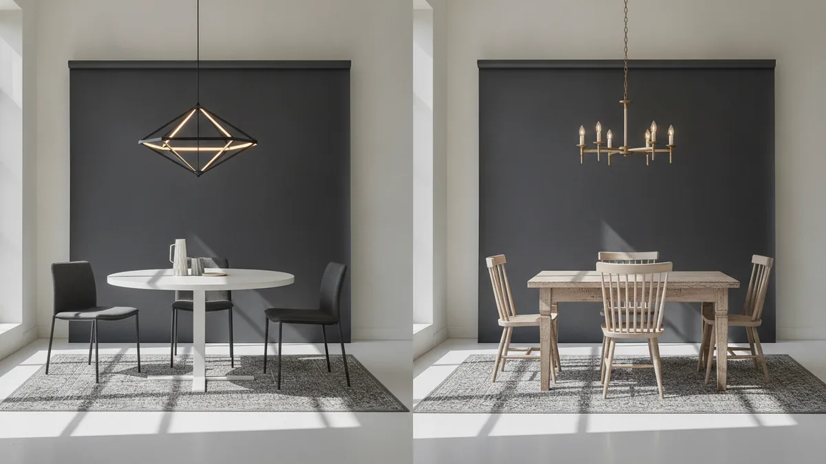 Pick a style that fits the room Modern and traditional dining lighting styles demonstrating scale and ambiance