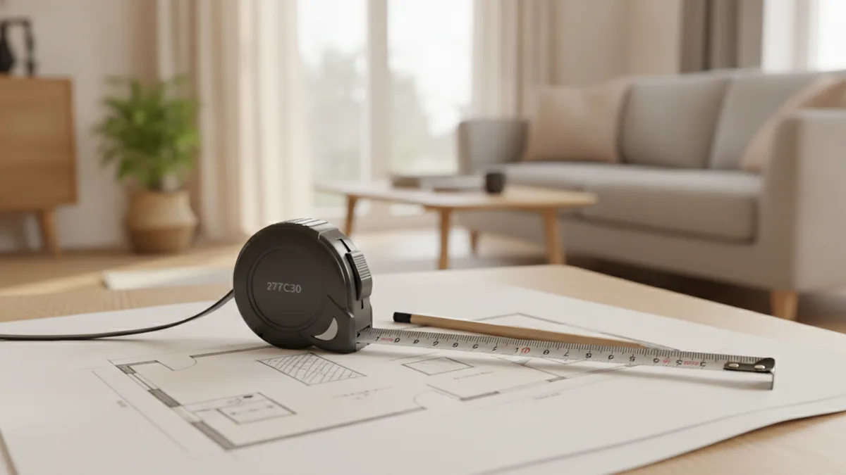 Measure and decide coverage rule Measuring tape used to size a room before choosing an area rug